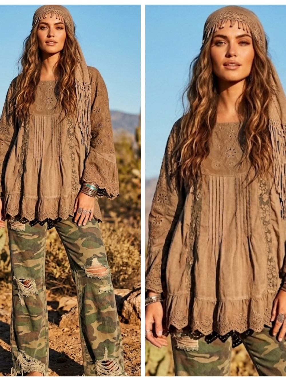 Boho Eyelet Tunic Top in Tan